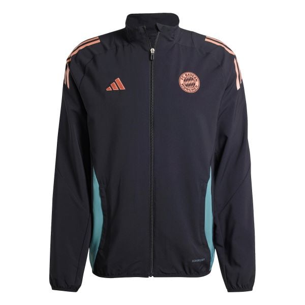 Kurtka prezentacyjna Bayern Munich Tiro 2024/25. Czarne kurtki Adidas, l, bez wzorów, z dresówki, bez kaptura. Za 296.25 zł.