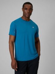 4F Koszulka trekkingowa regular szybkoschnąca męska - niebieska M. Niebieskie t-shirty 4F, l, bez wzorów, z materiału, bez kołnierzyka, bez ramiączek. Za 119.99 zł.