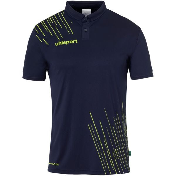 Polo Uhlsport Score 26 Poly. Niebieskie koszulki polo sportowe Uhlsport, bez wzorów, prążkowane, bez kołnierzyka, bez ramiączek, do piłki nożnej. Za 180.00 zł.
