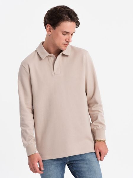 Bluza męska z kołnierzykiem polo ze strukturalnej dzianiny - beżowa V2 - Rozmiar: XXL. Brązowe bluzy Ombre Clothing, m, bez wzorów, z bawełny, bez kaptura. W wyprzedaży za 59.99 zł.