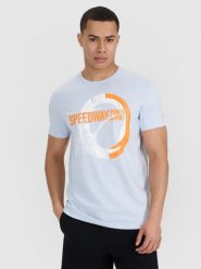 4F T-shirt regular z nadrukiem męski - niebieski L. Niebieskie t-shirty 4F, l, bez wzorów, z bawełny, bez kołnierzyka, bez ramiączek. Za 59.99 zł.