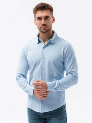Koszula męska dzianinowa z długim rękawem - niebieska V3 K540 - XXL. Niebieskie koszule Ombre Clothing, l, bez wzorów, z dzianiny, bez kołnierzyka, bez ramiączek. W wyprzedaży za 49.99 zł.