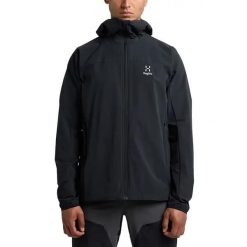 HAGLOFS Kurtka softshell męska MORAN SOFTSHELL HOOD MEN true black-XL. Czarne kurtki Haglöfs, m, bez wzorów, z elastanu, z kapturem. Za 477.64 zł.