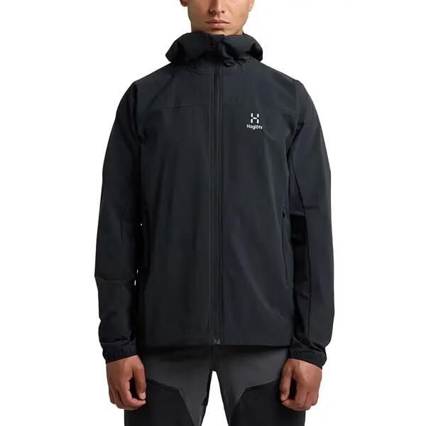 HAGLOFS Kurtka softshell męska MORAN SOFTSHELL HOOD MEN true black-XL. Czarne kurtki Haglöfs, m, bez wzorów, z elastanu, z kapturem. Za 477.64 zł.