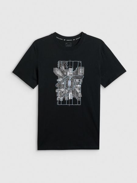 4F T-shirt regular z nadrukiem męski - czarny S. Czarne t-shirty 4F, m, bez wzorów, z dzianiny, bez kołnierzyka, bez ramiączek. Za 69.99 zł.