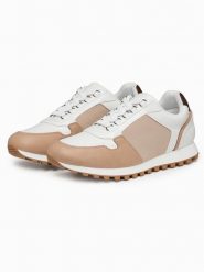 Męskie dwukolorowe buty sneakersy z łączonych materiałów – biało-piaskowe V1 - Rozmiar: 40. Białe buty sportowe casual Ombre Clothing, bez wzorów, z jeansu, bez zapięcia. W wyprzedaży za 146.99 zł.