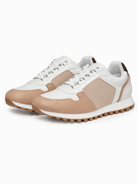 Męskie dwukolorowe buty sneakersy z łączonych materiałów – biało-piaskowe V1 - Rozmiar: 40. Białe buty sportowe casual Ombre Clothing, bez wzorów, z jeansu, bez zapięcia. W wyprzedaży za 146.99 zł.