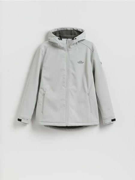 Kurtka softshell z kapturem - jasnoszary. Szare kurtki Reserved, l, bez wzorów, z dzianiny, z kapturem. Za 199.99 zł.