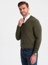 Sweter męski z dekoltem "w serek" z koszulowym kołnierzykiem - ciemnooliwkowy V5 OM-SWSW-0102 - XXL. Zielone swetry nierozpinane Ombre Clothing, l, bez wzorów, z bawełny, bez kołnierzyka, bez ramiączek. W wyprzedaży za 69.99 zł.