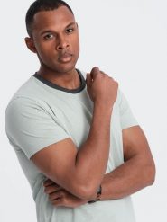 T-shirt męski z surowym wykończeniem – szarozielony V2 - Rozmiar: S. Szare t-shirty Ombre Clothing, l, z aplikacjami, z bawełny, bez kołnierzyka, bez ramiączek. W wyprzedaży za 19.99 zł.