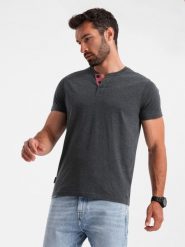 Męski t-shirt z rozpinanym okrągłym dekoltem henley – czarny V4 - Rozmiar: S. Czarne t-shirty Ombre Clothing, m, bez wzorów, z bawełny, bez kołnierzyka, bez ramiączek. W wyprzedaży za 39.99 zł.