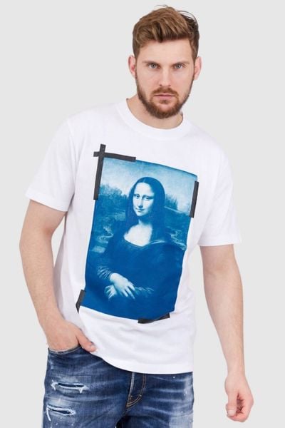 OFF-WHITE Biały t-shirt męski z nadrukiem mona lisy, Rozmiar S. Białe t-shirty Off-White, l, bez wzorów, bez kołnierzyka, bez ramiączek. W wyprzedaży za 999.99 zł.