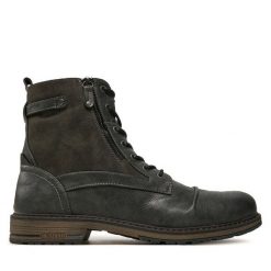 Trzewiki Mustang. Szare botki sznurowane Mustang, bez wzorów, bez obcasa, bez zapięcia. Za 269.99 zł.