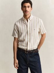 Gant Męska koszula z krótkim rękawem z lnu Mężczyźni Regular Fit Bawełna beżowy, XL. Brązowe koszule GANT, na lato, m, bez wzorów, z bawełny, bez kołnierzyka, bez ramiączek. Za 549.95 zł.