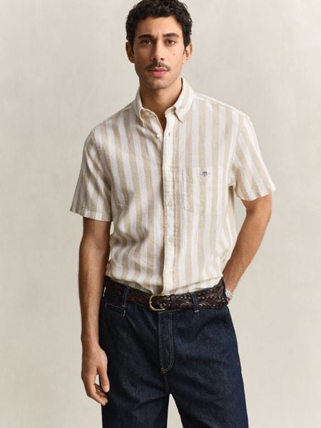 Gant Męska koszula z krótkim rękawem z lnu Mężczyźni Regular Fit Bawełna beżowy, XXL. Brązowe koszule GANT, na lato, m, bez wzorów, z bawełny, bez kołnierzyka, bez ramiączek. Za 549.95 zł.