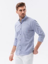 Koszula męska z długim rękawem SLIM FIT - niebieska V9 K643 - XL. Niebieskie koszule Ombre Clothing, m, bez wzorów, bez kołnierzyka, bez ramiączek. W wyprzedaży za 49.99 zł.