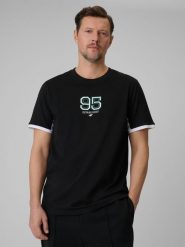 4F T-shirt regular z nadrukiem męski - czarny M. Czarne t-shirty 4F, m, bez wzorów, z bawełny, bez kołnierzyka, bez ramiączek. Za 79.99 zł.