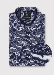 PAKO LORENTE – Granatowa koszula w oryginalny wzór. Koszule Pako Lorente, m, bez wzorów, bez kołnierzyka, bez ramiączek. Za 79.99 zł.