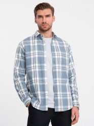 Klasyczna flanelowa męska koszula bawełniana w kratę - niebiesko-kremowa V2 OM-SHCS-0157 - L. Niebieskie koszule Ombre Clothing, l, bez wzorów, z bawełny, bez kołnierzyka, bez ramiączek. W wyprzedaży za 59.99 zł.