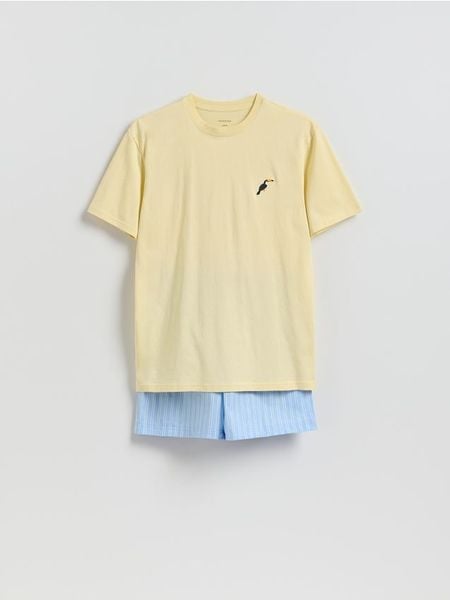 Dwuczęściowa piżama z haftem - jasnożółty. Żółte piżamy Reserved, l, bez wzorów, z bawełny, bez ramiączek. Za 99.99 zł.