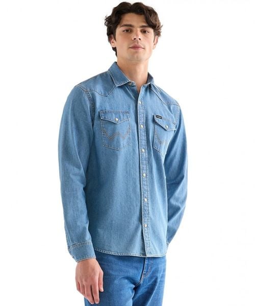 MĘSKA KOSZULA JEANSOWA WRANGLER WESTERN SHIRT LAKE 112378474. Koszule Wrangler, m, bez wzorów, z jeansu, bez kołnierzyka, bez ramiączek. Za 189.99 zł.