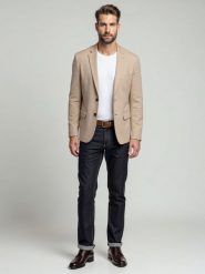 Elegancka męska marynarka SLIM FIT z rayonem – beżowa V2 OM-BLZB-0135 - XXL. Brązowe garnitury Ombre Clothing, na imprezę, l, bez wzorów, z materiału, eleganckie. Za 359.99 zł.
