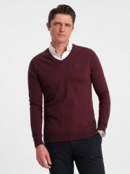Sweter męski z dekoltem "w serek" z koszulowym kołnierzykiem - bordowy V8 - Rozmiar: L. Czerwone swetry nierozpinane Ombre Clothing, l, bez wzorów, z bawełny, bez kołnierzyka, bez ramiączek. W wyprzedaży za 39.99 zł.
