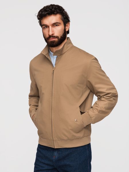 Męska kurtka Harrington ze stójką i podszewką w kratę - jasnobrązowa V5. Brązowe kurtki Ombre Clothing, m, bez wzorów, z bawełny, bez kaptura. Za 249.99 zł.