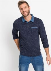 Shirt polo z kołnierzykiem z tkaniny, długi rękaw. Niebieskie bluzki z długim rękawem bonprix, l, bez wzorów, z tkaniny, bez kołnierzyka, bez ramiączek. Za 84.99 zł.