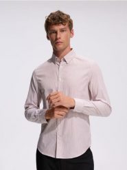 Koszula slim z bawełny merceryzowanej - beżowy. Brązowe koszule Reserved, l, bez wzorów, z bawełny, bez kołnierzyka, bez ramiączek. Za 129.99 zł.