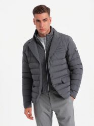 Pikowana kurtka męska o kroju marynarki – grafitowa V2 - Rozmiar: L. Szare kurtki Ombre Clothing, l, z aplikacjami, z gumy, bez kaptura. W wyprzedaży za 239.99 zł.