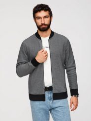 Męska bluza bomberka z dzianiny pique – czarna V1 - Rozmiar: M. Czarne bluzy Ombre Clothing, m, bez wzorów, z bawełny, bez kaptura. W wyprzedaży za 129.99 zł.