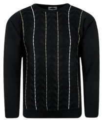 Sweter Czarny w Pionowe Paski, Okrągły Dekolt (U-neck) -KINGS- Męski. Czarne swetry rozpinane Kings, l, bez wzorów, z bawełny, bez kołnierzyka, bez ramiączek. Za 187.00 zł.
