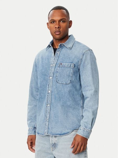 Tommy Jeans Koszula jeansowa DM0DM23701 Niebieski Regular Fit. Niebieskie koszule Tommy Jeans, m, bez wzorów, z bawełny, bez kołnierzyka, bez ramiączek. Za 369.99 zł.