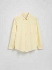 Koszula regular z dodatkiem lnu - jasnożółty. Żółte koszule Reserved, l, bez wzorów, z bawełny, bez kołnierzyka, bez ramiączek. Za 129.99 zł.