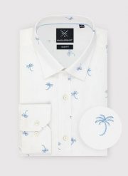 PAKO LORENTE – Biała męska koszula w palmy. Białe koszule Pako Lorente, m, bez wzorów, z bawełny, bez kołnierzyka, bez ramiączek. Za 119.99 zł.