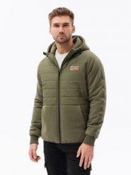 Kurtka męska z łączonych tkanin - oliwkowa V4 C601 - XXL. Zielone kurtki Ombre Clothing, l, bez wzorów, z dzianiny, bez kaptura. Za 269.99 zł.