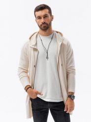 Długa bluza męska rozpinana z kapturem - kremowa V1. Białe bluzy Ombre Clothing, m, bez wzorów, z bawełny, z kapturem. W wyprzedaży za 49.99 zł.