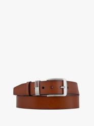 Rudy pasek ze skóry licowej. Brązowe paski Ryłko, bez wzorów, z denimu, eleganckie. Za 129.99 zł.