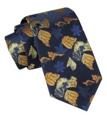 Męski Krawat - Alties - Granatowy z Motywem Liści. Niebieskie krawaty i muchy Alties, bez wzorów, z tkaniny. Za 49.00 zł.
