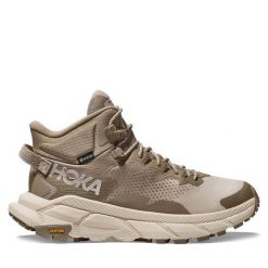 Trekkingi Hoka. Brązowe botki sznurowane HOKA, bez wzorów, z gore-texu, bez obcasa, bez zapięcia. Za 719.99 zł.