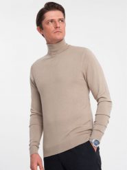 Dzianinowy męski dopasowany golf z wiskozą - beżowy V5 OM-SWTN-0101 - XXL. Brązowe golfy Ombre Clothing, m, bez wzorów, z dzianiny, bez ramiączek. W wyprzedaży za 79.99 zł.