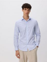 Koszula slim fit w drobny wzór - jasnoniebieski. Niebieskie koszule Reserved, l, bez wzorów, z bawełny, bez kołnierzyka, bez ramiączek. W wyprzedaży za 49.99 zł.