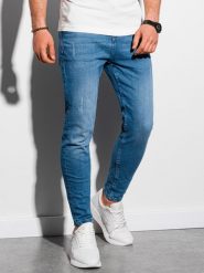Spodnie męskie jeansowe SKINNY FIT z kieszeniami chino - jasnoniebieskie V2 OM-PADP-0100 - XL. Niebieskie eleganckie spodnie Ombre Clothing, m, z bawełny. Za 107.99 zł.