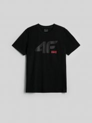 4F T-shirt regular z nadrukiem męski - czarny L. Czarne t-shirty 4F, l, bez wzorów, z bawełny, bez kołnierzyka, bez ramiączek. Za 69.99 zł.