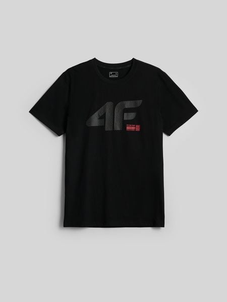 4F T-shirt regular z nadrukiem męski - czarny L. Czarne t-shirty 4F, l, bez wzorów, z bawełny, bez kołnierzyka, bez ramiączek. Za 69.99 zł.