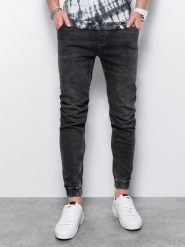 Spodnie męskie jeansowe joggery - czarne P907 - XL. Czarne joggery i bojówki Ombre Clothing, l, bez wzorów, z bawełny. W wyprzedaży za 79.99 zł.