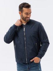 Kurtka męska bomberka - granatowa V19. Niebieskie kurtki Ombre Clothing, l, bez wzorów, bez kaptura. W wyprzedaży za 99.99 zł.