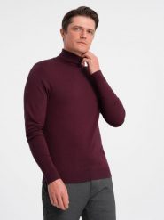 Męski jednokolorowy dzianinowy golf z wiskozą – bordowy V4 OM-SWTN-0101 - XXL. Czerwone golfy Ombre Clothing, m, z aplikacjami, z dzianiny, bez ramiączek. W wyprzedaży za 79.99 zł.