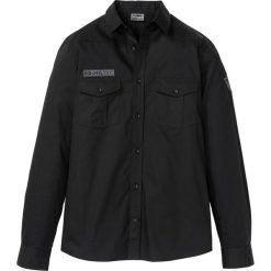Koszula z długim rękawem i nadrukiem na plecach Slim Fit bonprix czarny. Czarne koszule bonprix, l, bez wzorów, bez kołnierzyka, bez ramiączek. Za 44.99 zł.